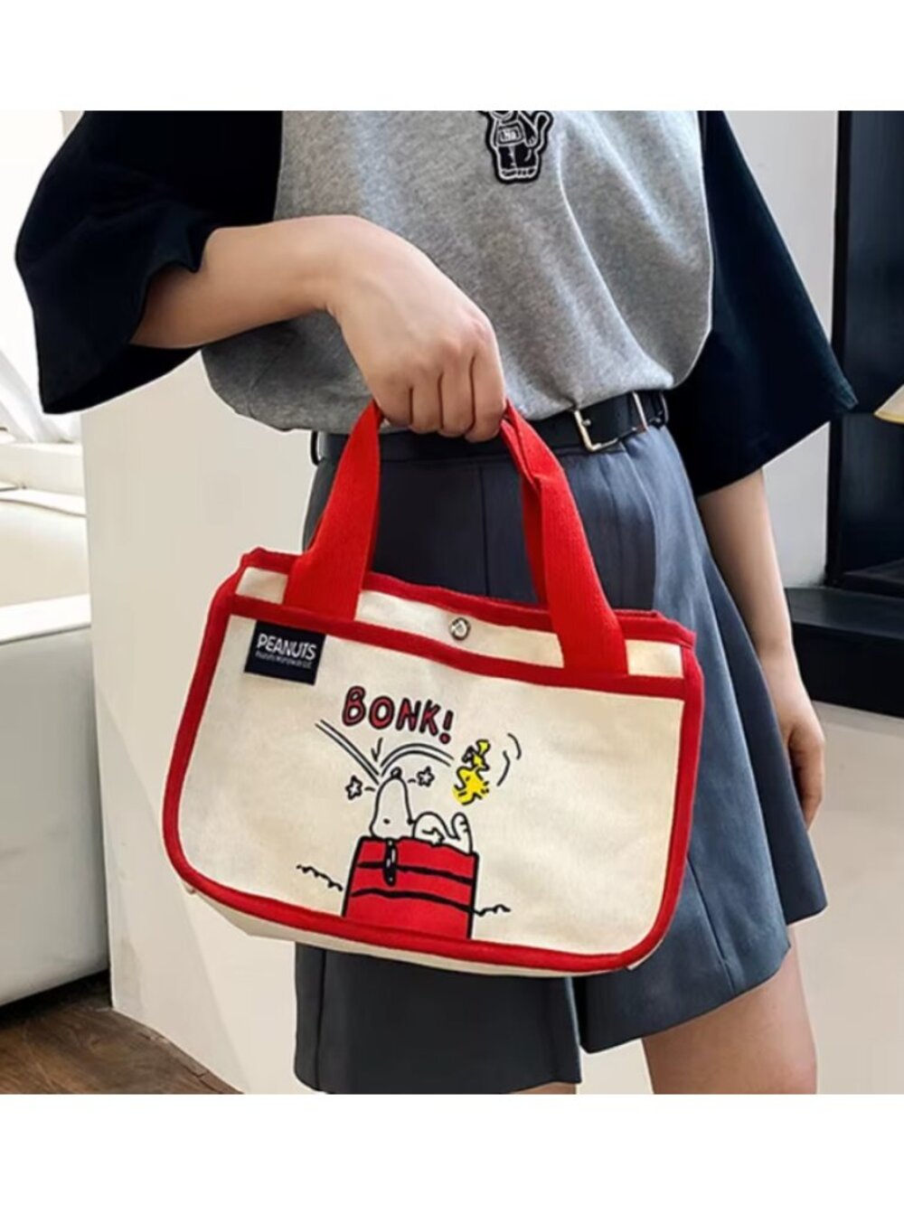 Snoopy Peanuts Lunch Tote Canvas Bag Red Trim Portable Lunch Bag Travel Handbag